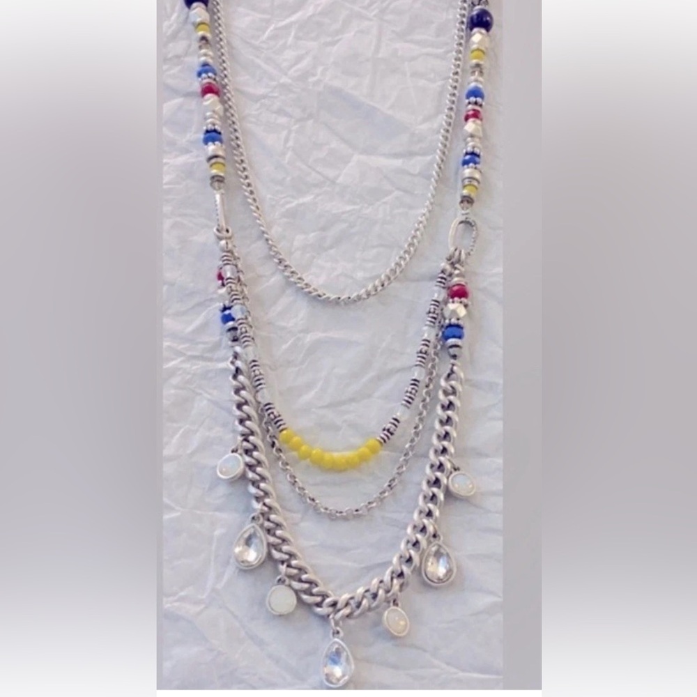Silver layered  Necklace red blue yellow silver and crystal chain necklace  NEW